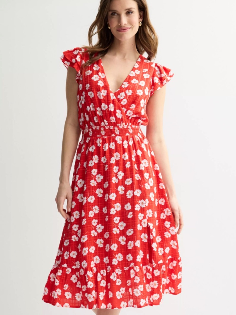 Draper James Flutter Sleeve Surplice Red Floral Checkered Midi Dress Cottagecore